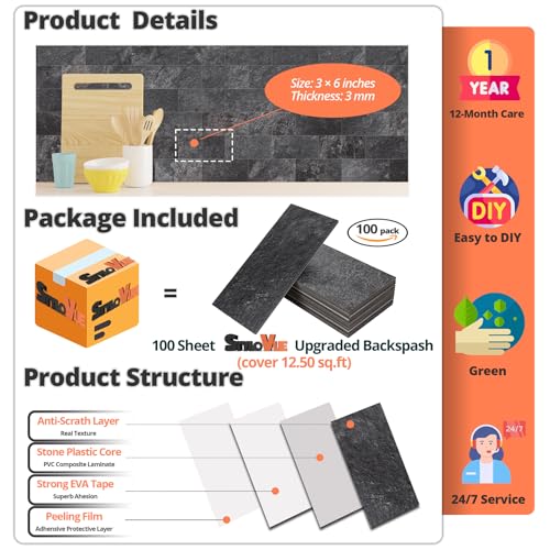 StyloVue 100 Pieces Peel and Stick Backsplash for Kitchen, 3" x 6" PVC Subway Tile 2026 Upgraded Graphite Stone Backsplash Stick on Tile Elevate Kitchen Fireplace RV - color: Graphite Stone