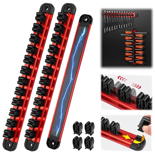2-Piece Magnetic Screwdriver Organizer and Wrench Organizer, 28-Slot Screwdriver and Wrench Holder, Magnetic Aluminum Rail Tool Organizer for Tool Box Drawer Wall-Mount Storage,Red(Tools not Included) - style: 2-Pack Red (28-Slot)
