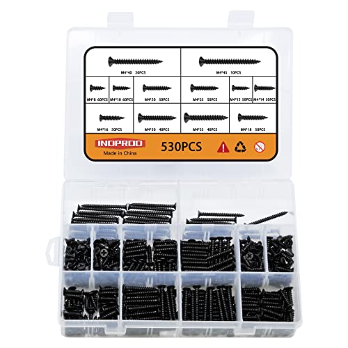 530 pcs M4 Black Wood Screws Assortment Kit,High Hardness Carbon Steel Self-Tapping Screws,Phillips Drive Flat Head Screws Set Kit,Black Oxide,Full Thread,Countersunk Head - size: M4, style: Flat Head (Carbon Steel)