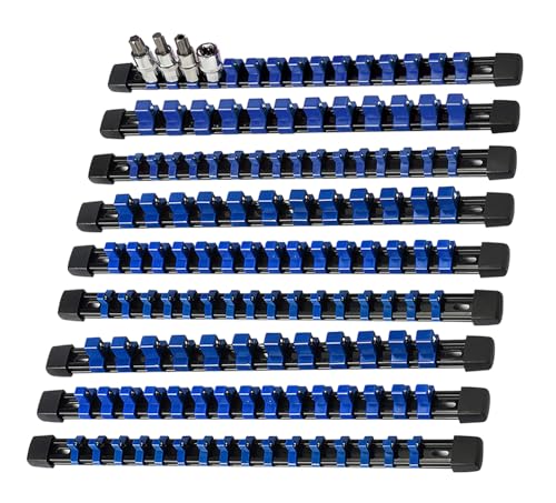 AMM 9-Piece Socket Organizer, 1/2 inch, 3/8 inch and 1/4 inch Drive ABS Tools-Blue Socket Holder,Heavy Duty Socket Racks, Premium Quality Socket Clip Rail Holder,The best tool trays in the garage - color: Blue, size: 9PC