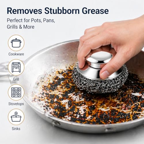 Steel Wool Scrubber, 6-Pack Stainless Steel Scrubber Pads with Handle - The Ultimate Scouring Solution for Rust, Stubborn Messes on Cookware, Grill, Oven & Kitchen Sinks - size: 2 Handle+4 Pads