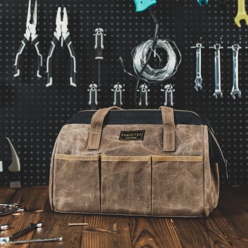 Tool Bag, 13-inch Heavy Duty 16oz Waxed Canvas Wide Mouth Water-Resistant Tool Bag, Tool Tote with Handle for Tools, Wrenches, Screwdrivers (13 X 7 X 9 inch) | Grey - color: Grey, size: 13 Inch
