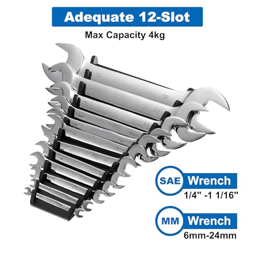HARFINGTON 4pcs Magnetic Wrench Organizers, 12-Slot Each Wrench Holder, Wrench Rack Tray Storage For Tool Box, For Wrenches with Size SAE:1/4" - 15/16" Metric 6mm-24mm, Black,Green - color: Black,Green