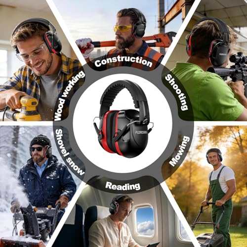 Floriogra Noise Reduction Ear Muffs, NRR 34dB Ear Protection, Hearing Protection Noise Cancelling Headphones for Adults Kids Autism, Shooting Ear Protection for Gun Range, Mowing, Construction - color: Red
