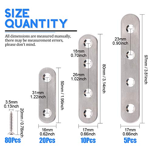 Glarks 35-Pieces 2 inch/ 3 inch/ 4 inch Stainless Steel Flat Straight Brace Brackets Mending Joining Plates Repair Fixing Bracket Connector and 80pcs Screws Set, Total 115pcs, Silver
