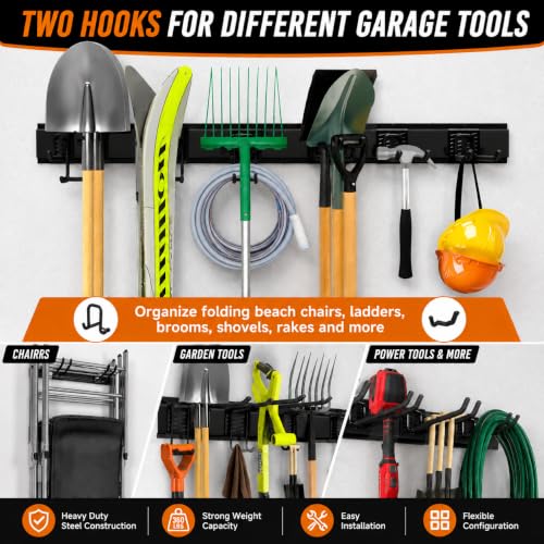 Garage Tool Organizer Wall Mount, Heavy Duty 48 Inch Garage Storage System with Adjustable Hooks, Garden Tool Rack for Shovel Rake Broom Snowboard Shed Organization - size: 48" Alloy Steel