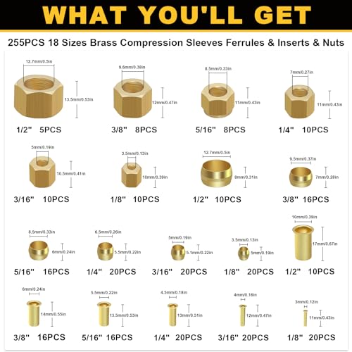Siptenk 255PCS Brass Compression Sleeves Ferrules Inserts Nuts Fittings - color: 255PCS Sleeves Ferrules Inserts Nuts