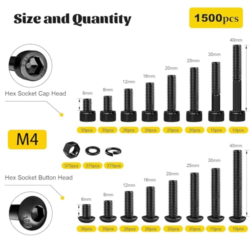 1500PCS M4 Hex Socket Cap Head & Button Head Screws and Nuts Kit - size: M4 1500pcs