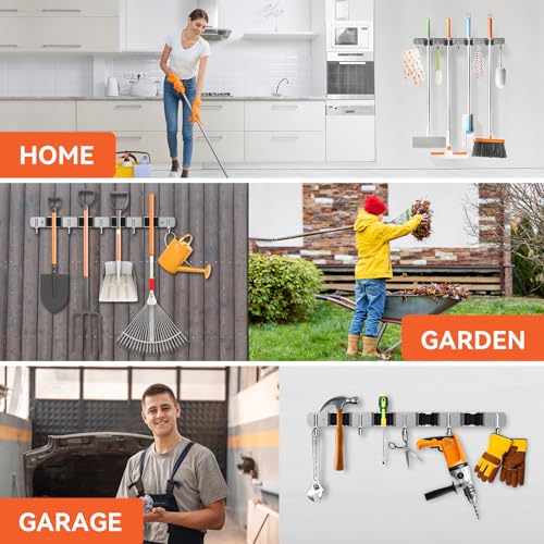 ZONGOOL 2 Pack Mop Broom Holder Wall Mount 4 Racks 5 Hooks Storage Silver - color: Silver, size: 2Pack 4R5H