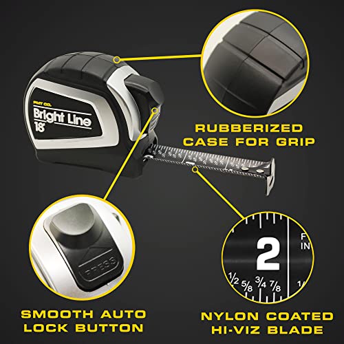 Perfect Measuring Tape - BrightLine High Contrast Dark Mode Easy Read Tape Measure for Low Light Visibility - Heavy Duty Rubber Case 18ft (Inch Fractions) Dual Sided Auto Lock Tape Measure Retractable - color: Black