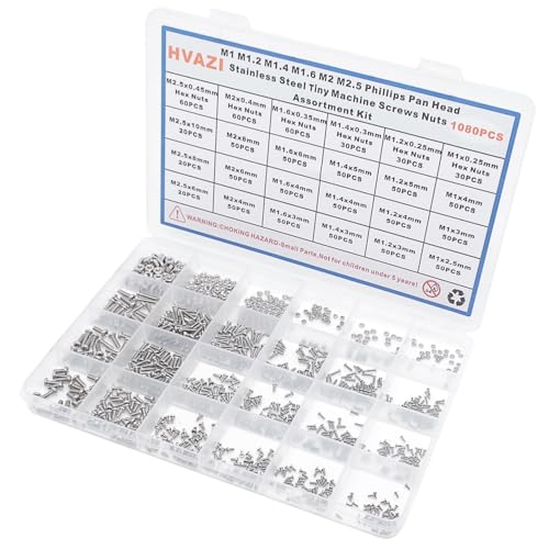 1080PCS M1-M2.5 304 SS Phillips Pan Head Tiny Machine Screws Nuts Kit | M1 M1.2 M1.4 M1.6 M2 M2.5 Stainless Steel Cross Drive Micro Screws Nuts for Precision Electronics, Instruments, DIY w/ Box - size: M1/M1.2/M1.4/M1.6/M2/M2.5
