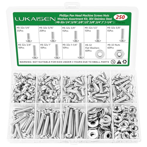 250 Pcs #8-32 Pan Head Machine Screws Nut Washer Bolt Kit,304 SS | Phillips Drive Full Thread Assorted, Includes #8-32 x 1/4"-1-1/4"Lengths for Electrical Outlet Switch Plate, Storage Box - size: SS 250Pcs #8-32（1/4" to 1-1/4" ） Pan