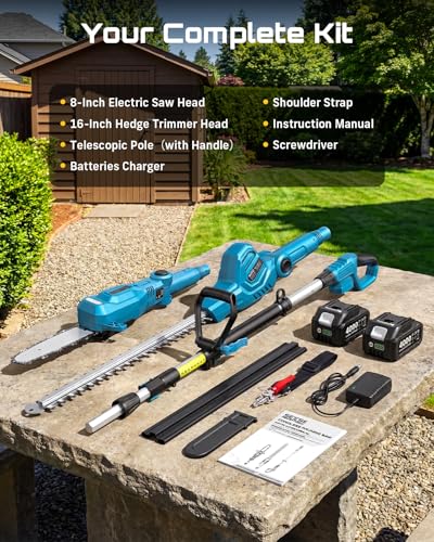 SEESII 2-in-1 Cordless Pole Saw 8-Inch & 16-inch Hedge Trimmer Combo - color: Royal Blue