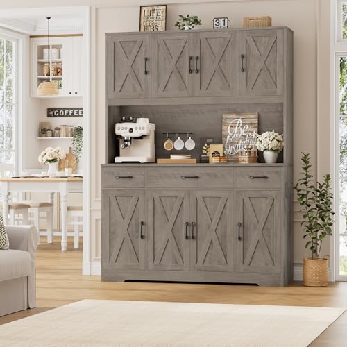 HOSTACK 71" Tall Kitchen Pantry Storage Cabinet, 55" W Kitchen Hutch, Grey | Large Pantry Cabinet with Charging Station / Countertop / 3 Drawers, Farmhouse Hutch Cabinet with Storage for Dining Room - color: Ash Grey