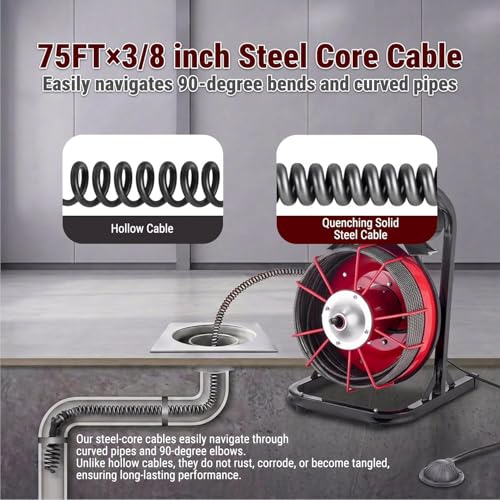 HoldwellS 75FT x 3/8 Inch Drain Cleaner Machine, Manual Feed Sewer Snake, Stationary Portable Drain Auger Equipped with 4 Cutters & Air-Activated Foot Switch for for 2-4 inch Pipes - color: 75FT x 3/8inch (Manual Feed)