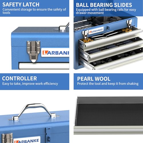 LARBANKE Metal Tool Box,3 Drawer Tool Box with Top Storage Tray, Portable Tool Chest with Locking System and Drawer Liner, Hand Carrying Tool Chest for Garage,Home or Workbench