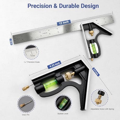 12 Inch Combination Square, Adjustable Carpenter Square with Stainless Steel Ruler and Aluminum Head, Metric and Inch Scale, Bubble Level and Scriber, 90 and 45 Degree Combo Layout Tool - size: 12-Inch