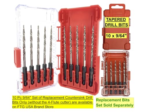 FTG USA 3-Pk #6 (9/64") Countersink Drill Bit Set, 1 Stop, 1 Wrench & Case - size: #6, style: 3 Pc with Depth Stop and Case