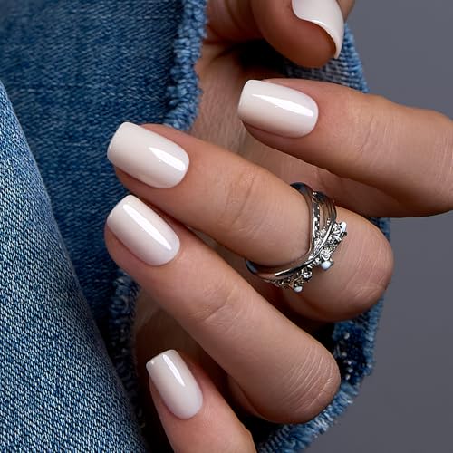 Curvlife 30 Pcs Press on Nails Acrylic Fake Nails with Design Full Cover False Nails for Women Reusable Nail Kit with Nail Glue Adhesive Tabs Nail File (Ceramic White, 30pcs) - color: Ceramic White