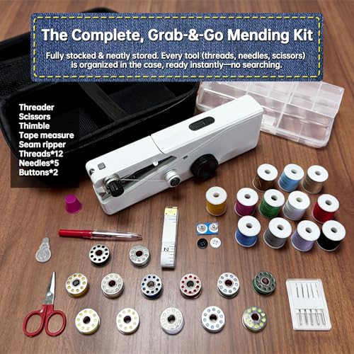 Handheld Sewing Machine for Beginners Adults, Portable & Cordless Mini Sewing Machine Kit, Easy One-Speed Electric Stitching for DIY Quick Repair, Home Travel Mending Tool with Accessories