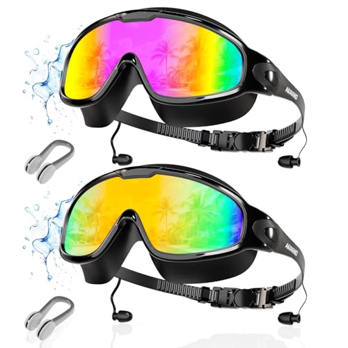Aegend New Adult Wide View Swim Goggles, Anti-Fog/UV No Leak Swimming Goggles with Ear Plugs for Men & Women - color: Bright Rose & Aqua