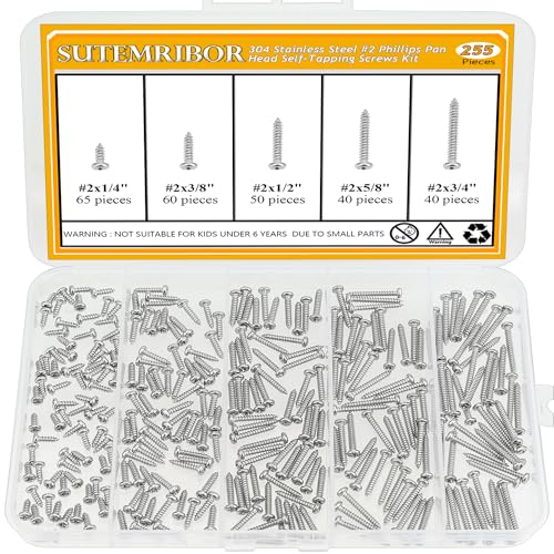 255 Pieces #2 x 1/4" 3/8" 1/2" 5/8" 3/4" Wood Screws Set, Phillips Pan Head #2 Self-Tapping Screws Assortment Kit, 304 Stainless Steel - size: #2, style: Phillips Pan Head