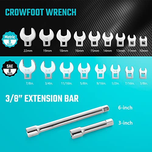 DURATECH 19-Piece 3/8" Drive Crowfoot Wrench Set with 2 Extension Bars - size: Metric and SAE, style: Regular