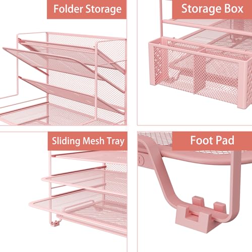 Simple Trending 7 Tier Desk File Organizer, Letter Tray Paper Organizer with Pen Holder and Metal Hanging Basket, Pink - color: 7 Tier Pink