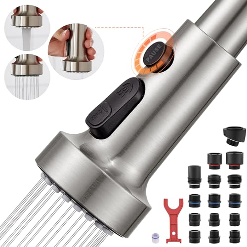 TIORIY with 15 Adapters Pull Down Kitchen Sink Faucet Head Replacement, 3 Functions Plastic Kitchen Sink Sprayer Nozzle Replacement for Kitchen Faucet, Pause Mode (Brushed Nickel) - color: Brushed Nickel, style: Pause