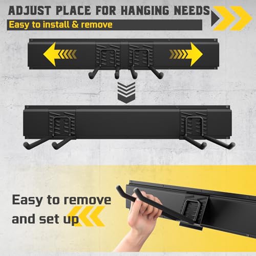 48" Garage Tool Organizer Wall Mount, 660lbs Heavy Duty Steel Garden Tool Storage Rack with 9 Adjustable Hooks for Yard, Shed, Garage (3 Racks, 9 Hooks, 2 Straps) - size: 48inch
