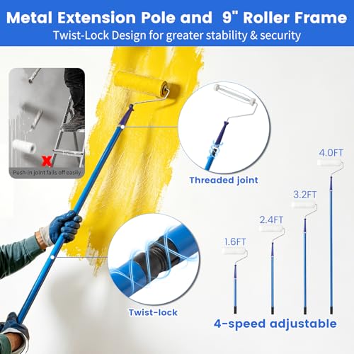 Paint Roller Kit with Long Paint Roller Extension Pole, 37 PCS Wall Painting Supplies with Paint Brushes for Walls, Superabsorbent 9-Inch & 4-Inch Paint Roller Covers, Wall Repair Paste - size: 4ins&9ins