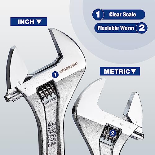 WORKPRO 3-Piece Adjustable Wrench Set, 6-inch, 8-inch, 10-inch | Cr-V Wide Jaw Wrench, Rubber Anti-Slip Grip, Metric/SAE Scales, Chrome Plated - size: 6, 8, 10 inch set