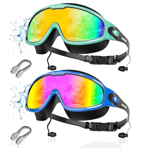 Aegend New Adult Wide View Swim Goggles, Anti-Fog/UV No Leak Swimming Goggles with Ear Plugs for Men & Women - color: Blue Bright Rose & Green Aqua