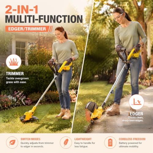 ALSO GO 21V Cordless Weed Wacker,12 Inch String Trimmer with Auto Line Feed - color: Pale Yellow