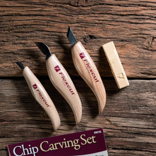 FLEXCUT Wood Carving Knives | Chip Carving Set | 1095 High Carbon Steel Blades | Ergonomic Ashwood Handle | Set of 3 Woodcarving Tools | KN115 | Made in the U.S.A. - style: Chip Carving Set