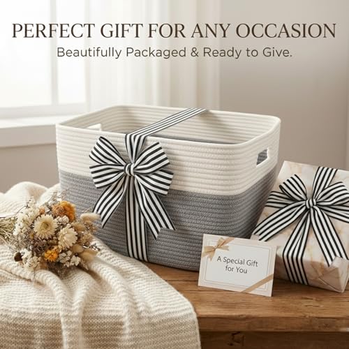 JMvicyroam 65L Large Woven Cotton Rope Blanket Basket, White&Grey - color: White&Grey, size: 65L