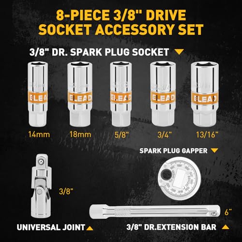 ELEAD 8-Piece 3/8" Drive Spark Plug Socket Set with Universal Joint, Spark Plug Gapper and 6" Extension Bar, SAE & Metric, 5/8", 3/4", 13/16", 14mm, 18mm, CR-V Sockets with Rubber Holding Rings - size: 8-Piece Spark Plug Socket Set