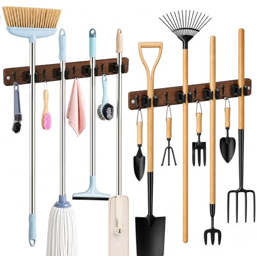 AceMining 2 Pack Broom Holder Wall Mount, 4 Holders 4 Hooks Mop Holder - color: Brown, size: 2 Pack