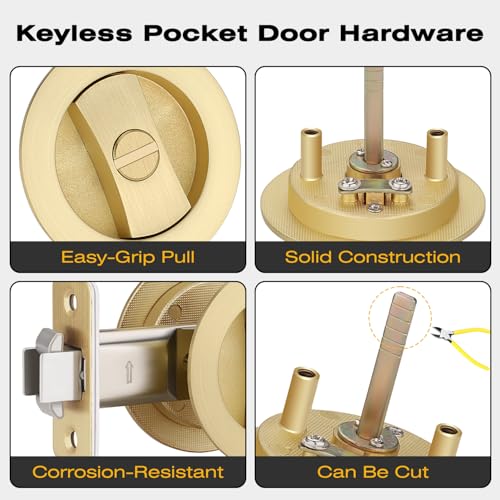 EHOMEWARE 1 Pack Gold Pocket Door Hardware with Edge Pull, Satin Brass - color: Satin Brass, size: Privacy + Pull A