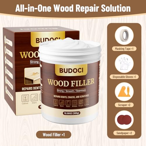 Wood Putty Filler, 10.58 oz White Wood Filler, Paintable Sandable Stainable Wood Filler, Water Resistant Wood Repair Kit, Repair Scratches Cracks Nail Holes for Indoor Outdoor Wood Furniture