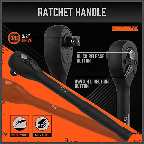 HORUSDY 50-Piece 3/8" Drive Impact Socket Set, Standard SAE (5/16 to 3/4 inch) and Metric (8-22mm) Size, 6 Point, Cr-V, 3/8-Inch Drive Ratchet Wrench, Drive Extension Bar, Impact Universal Joint - color: 50 Pcs Orange