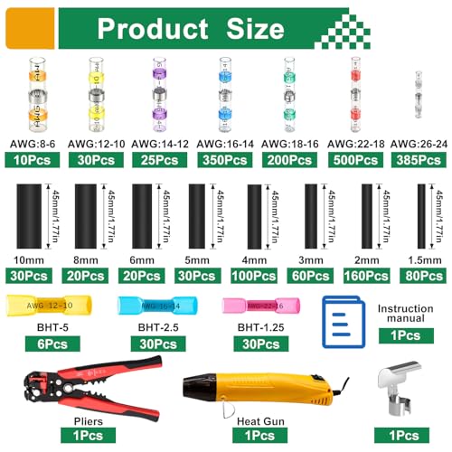 2066PCS Ultimate All-in-One Heat Shrink Solder Seal Wire Connectors Kit: Waterproof Solder Stick Butt Connectors, Heat Gun & Wire Stripper for Automotive, Marine & Electrical Projects Automotive - size: 2066PCS