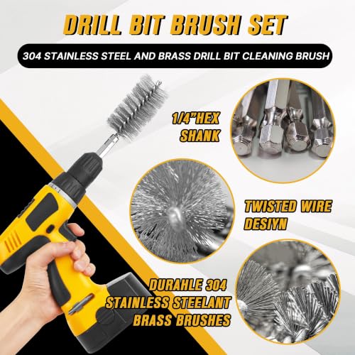 16 Pcs Wire Brush Set for Drills, Stainless Steel and Brass Bore Cleaning Brushes with 1/4" Hex Shank, Compatible with Power Drills, Grinders, and Impact Drivers (8-25mm) - color: Silver