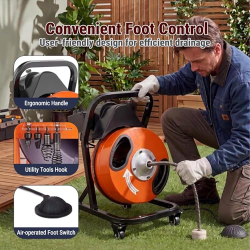 HoldwellS 50FT x 1/2 Inch Drain Cleaner Machine, Electric Drain Auger on 4 Wheels for 1"-4" Pipes, Enclosed Metal Drum with 4 Cutters & Pneumatic Foot Switch, Sewer Snake Auger - color: 50FT x 1/2inch (Manual Feed)