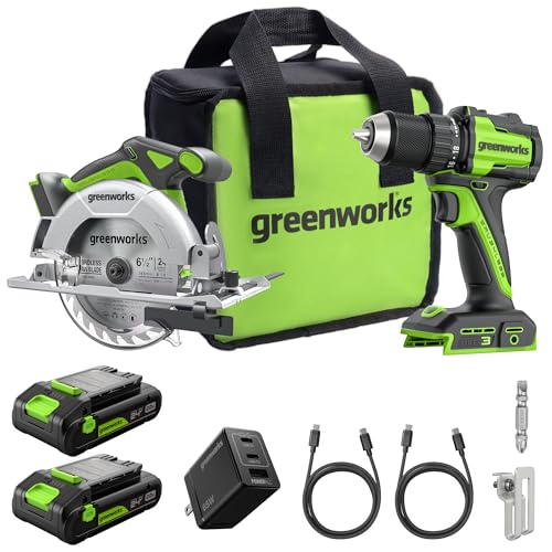 GREENWORKS 24V 1/2” Brushless Cordless Drill (400 In-lbs.) + 6.5” Circular Saw (4,800 RPM), (2) 2.0Ah (12,000mAh Power Bank) USB-C Batteries, Braided Cable, 65W Rapid Charger - size: 2PCS Combo Kits(New)
