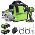GREENWORKS 24V 1/2” Brushless Cordless Drill (400 In-lbs.) + 6.5” Circular Saw (4,800 RPM), (2) 2.0Ah (12,000mAh Power Bank) USB-C Batteries, Braided Cable, 65W Rapid Charger - size: 2PCS Combo Kits(New)