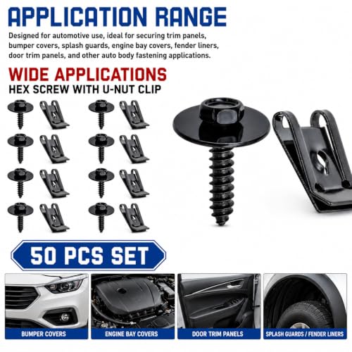 100 Pieces M4.2 Universal Fender Liner Screws and U-Nut Kit, 50 Sets Automotive Body Fasteners, Fender Screws with U Clips for Splash Shield, Wheel Well Liner, Under Cover and Body Panel Repair - color: Black M4.2 x 1.4