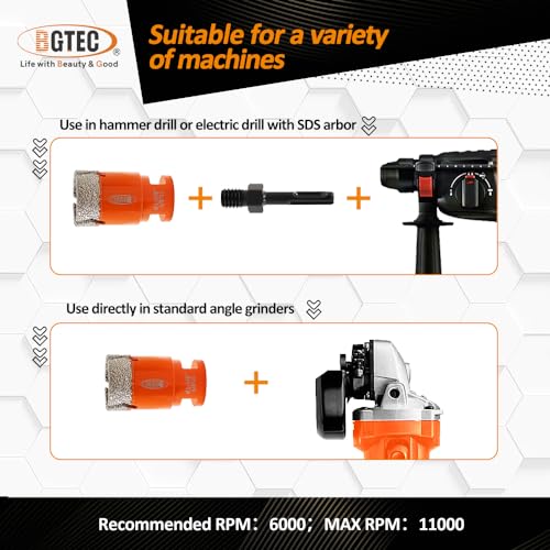BGTEC Diamond Hole Saw Kit Marsonry Drill Bits,5/8-11 Thread 12pcs 6/6/8/20/25/35/50/75/100mm Drill Bits+20mm Milling Finger Bit+2" chamfering Bit+SDS for Granite Marble Porcelain Tile Ceramic - size: 12 pcs - 6/6/8/20/25/35/50/75/100mm, style: Flash Toot