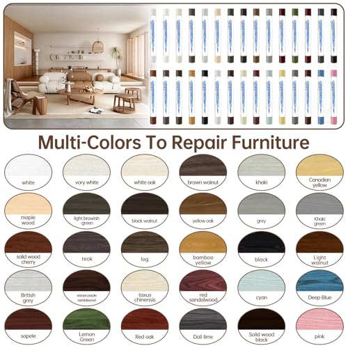 30+2P Wood Filler Sticks, 30 Colos Wood Filler Putty Wax Crayons Furniture Repair Kit Putty Stick for Baseboard Cabinets Furniture Floors(with 2 Scrapers)