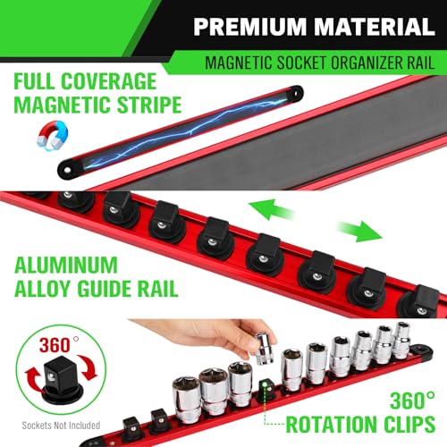 1/2-Inch Magnetic Socket Organizer Rail, Aluminum Alloy Socket Rail, Heavy Duty Sockets Holder with 12 Clips, 360° Swivel Clip Tool Tray, Sockets Organizer for Tool Box Drawer (Red) - style: Red 1/2-inch